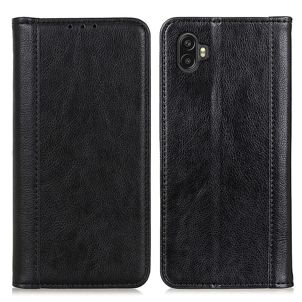For Samsung Galaxy Xcover 6 Pro Magnetic Auto-absorbed Split Leather Stand Flip Cover TPU Shockproof Interior Litchi Texture Wallet Phone Case - Black - 1