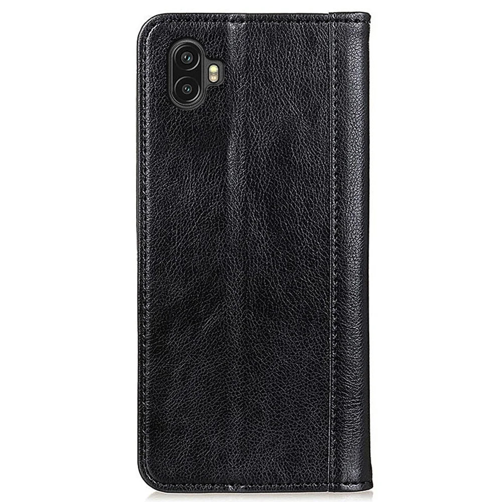 For Samsung Galaxy Xcover 6 Pro Magnetic Auto-absorbed Split Leather Stand Flip Cover TPU Shockproof Interior Litchi Texture Wallet Phone Case - Black - 7