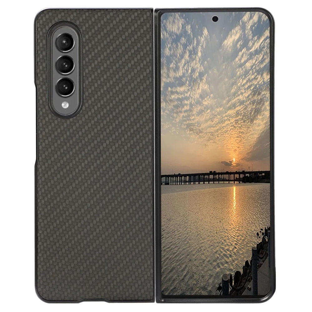 For Samsung Galaxy Z Fold4 5G Anti-drop Phone Case Carbon Fiber Texture Case PU Leather Coated PC Mobile Phone Protective Cover - Black - 1