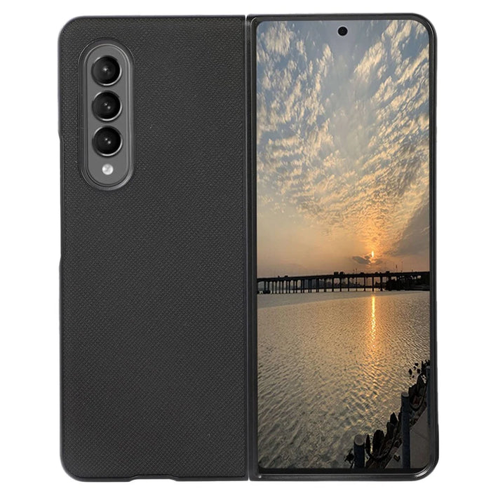 For Samsung Galaxy Z Fold4 5G Cross Texture Non-Slip Grip Back Case PU Leather Coated PC + TPU Shockproof Cover - Black - 1