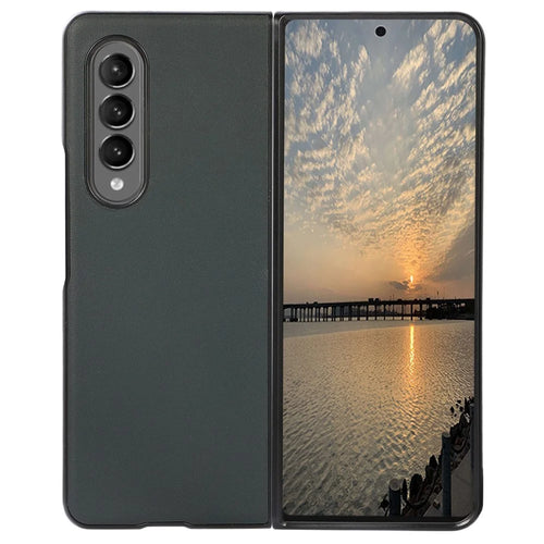 For Samsung Galaxy Z Fold4 5G Textured Genuine Leather Coating Back Cover Soft TPU Bumper Hard PC Shock-Absorption Phone Case - Green - 1