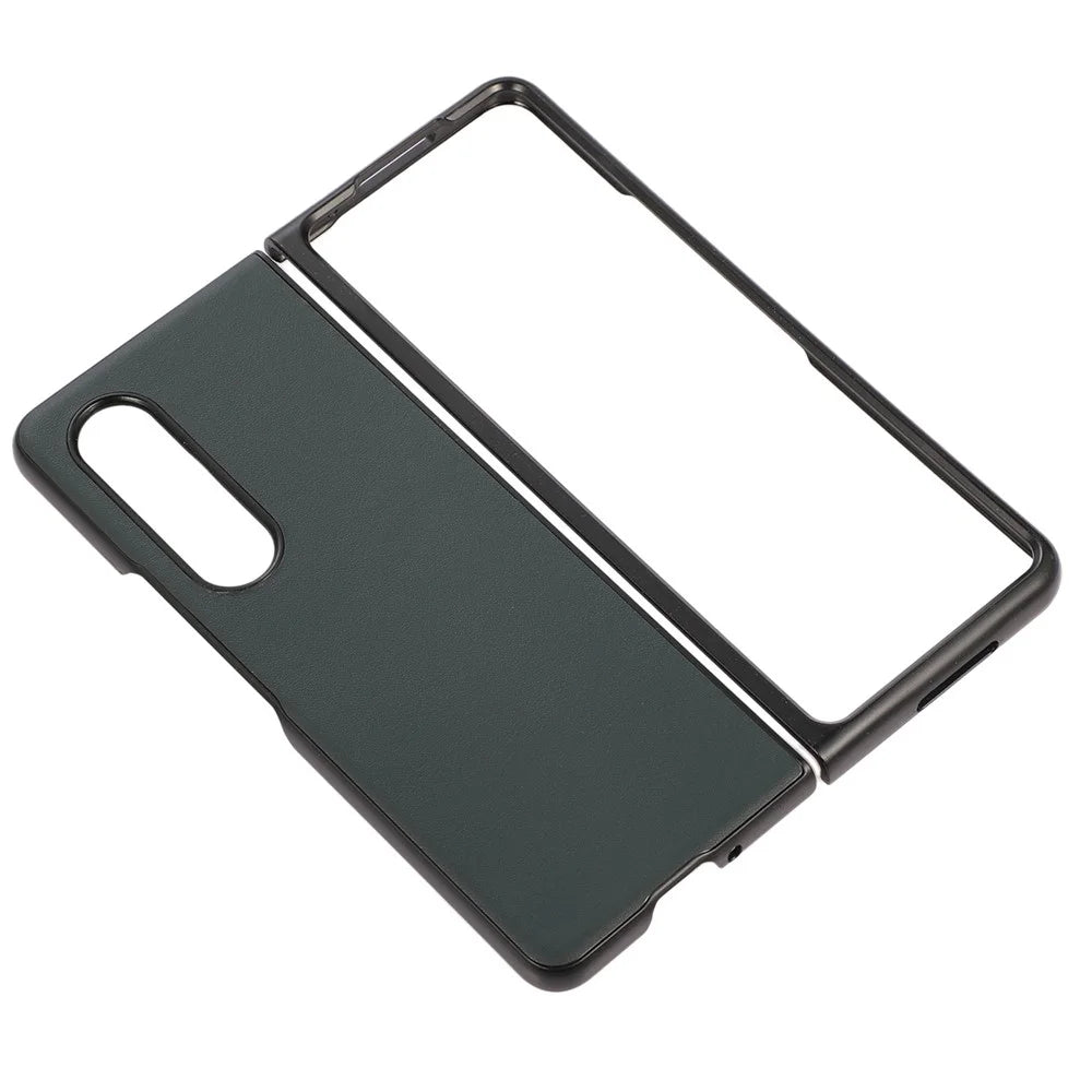 For Samsung Galaxy Z Fold4 5G Textured Genuine Leather Coating Back Cover Soft TPU Bumper Hard PC Shock-Absorption Phone Case - Green - 2