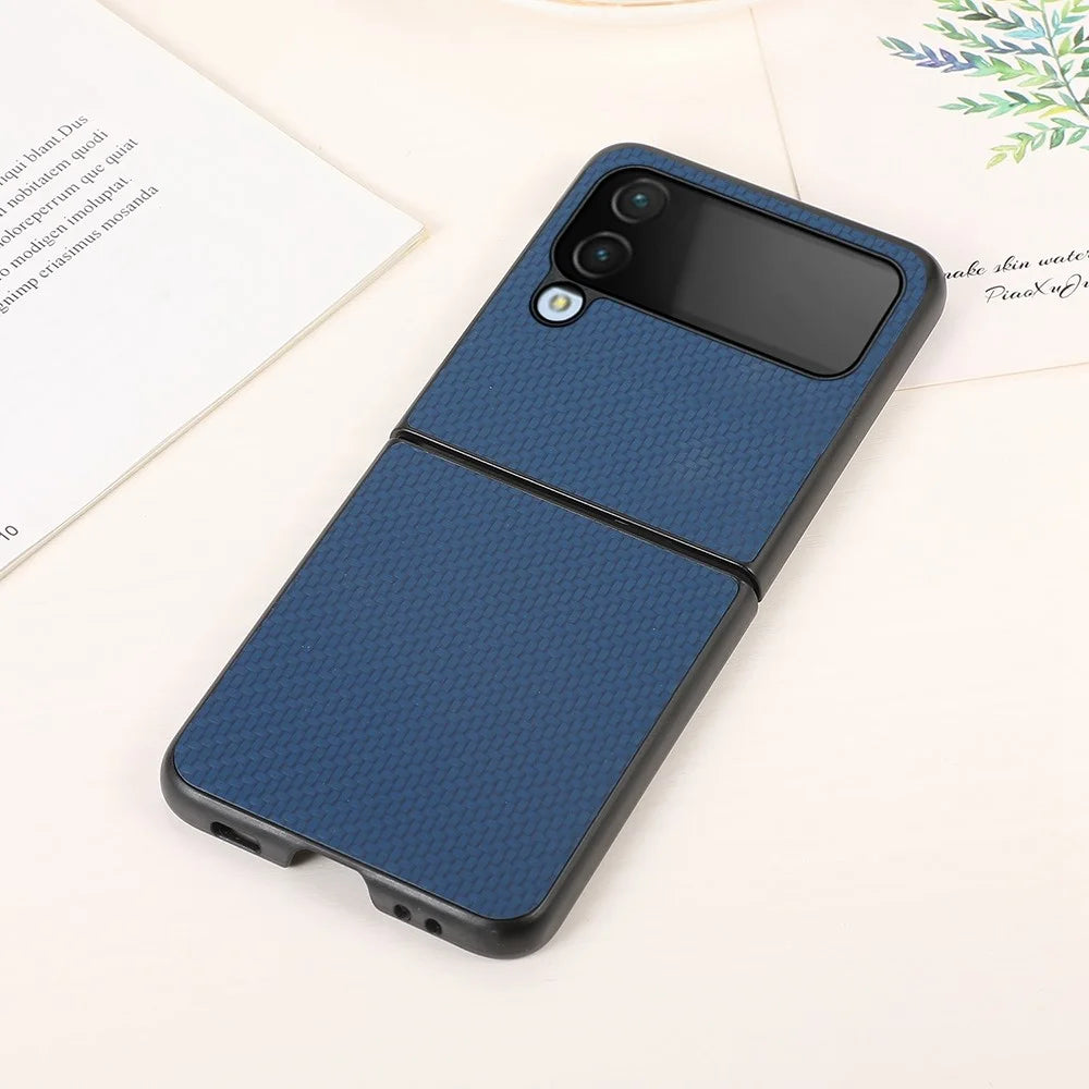 For Samsung Galaxy Z Flip4 5G Carbon Fiber Texture Phone Shell PU Leather Coated Hard PC+Soft TPU Shock-Absorption Cover - Blue - 3