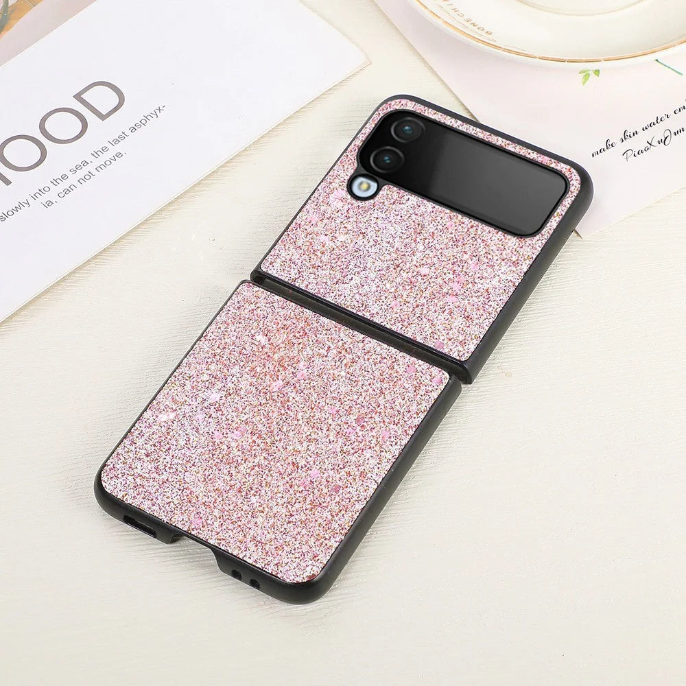 For Samsung Galaxy Z Flip4 5G Glitter Skin Protective Cover PU Leather Coated PC Anti-Slip Shockproof Protective Phone Case - Pink - 3