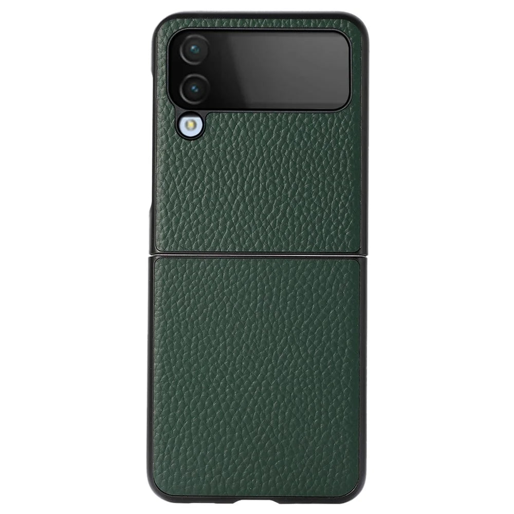 For Samsung Galaxy Z Flip4 5G Litchi Texture Genuine Leather Phone Case TPU+PC Hybrid Shock-Absorption Shell - Green - 1