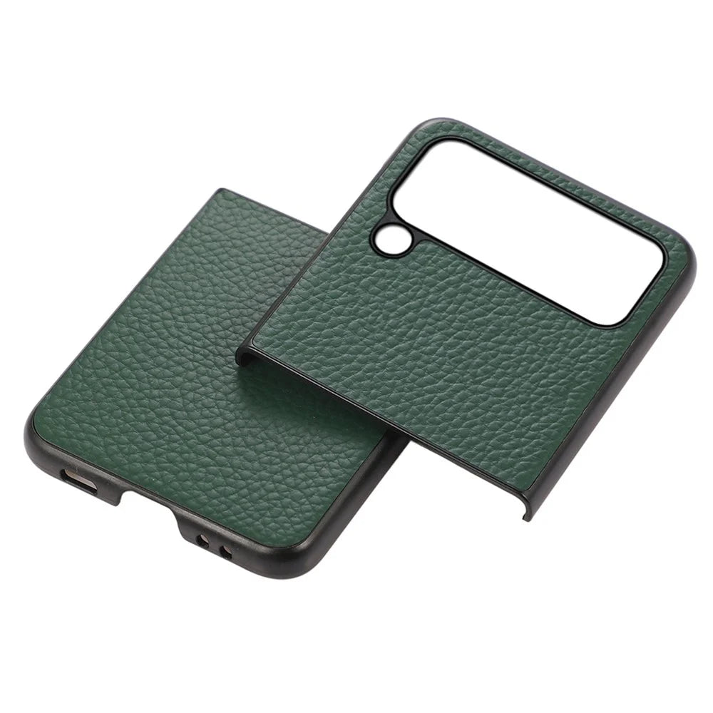 For Samsung Galaxy Z Flip4 5G Litchi Texture Genuine Leather Phone Case TPU+PC Hybrid Shock-Absorption Shell - Green - 2