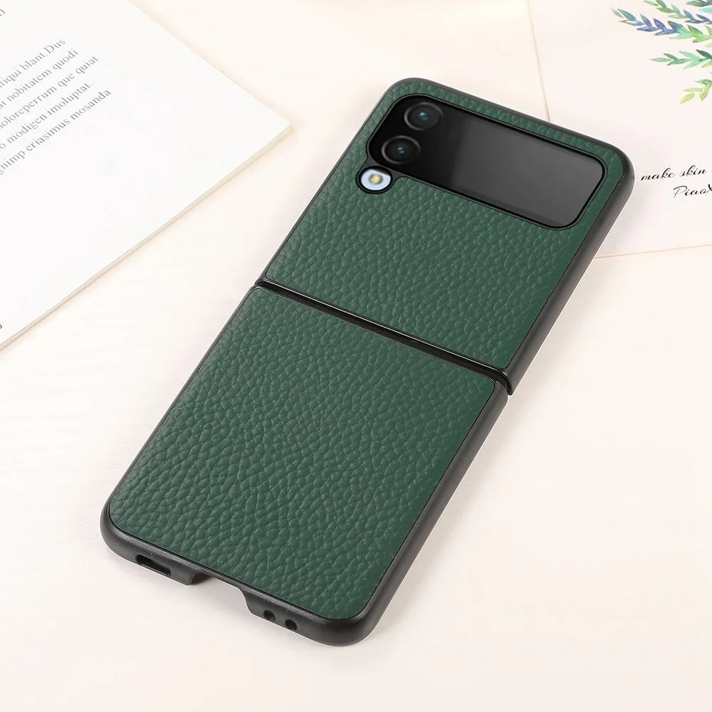 For Samsung Galaxy Z Flip4 5G Litchi Texture Genuine Leather Phone Case TPU+PC Hybrid Shock-Absorption Shell - Green - 3