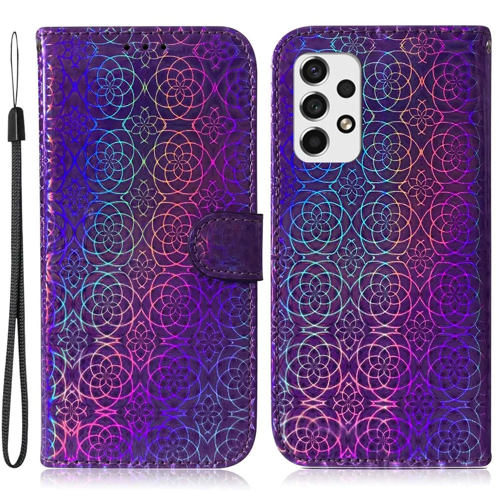 For Samsung Galaxy A53 5G Solid Color Phone Case Stand Dazzling Flower Pattern Phone Cover PU Leather + TPU Protective Shell - Purple - 1