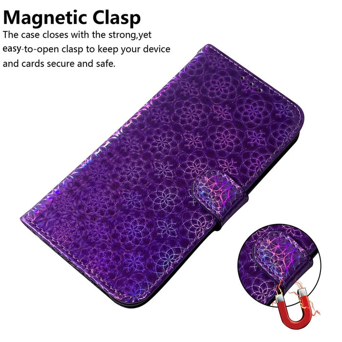 For Samsung Galaxy A53 5G Solid Color Phone Case Stand Dazzling Flower Pattern Phone Cover PU Leather + TPU Protective Shell - Purple - 4
