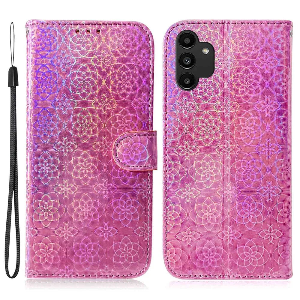 For Samsung Galaxy A13 4G PU Leather Shock Absorption Phone Cover Dazzling Flower Pattern Case with Stand Wallet - Pink - 1
