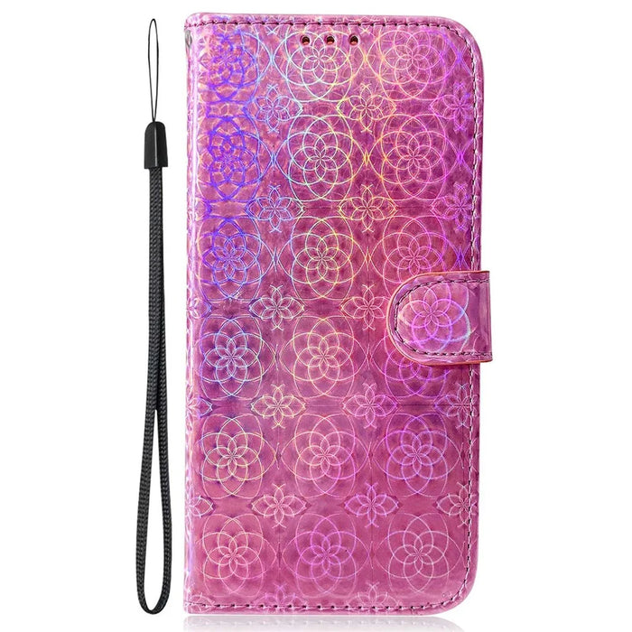 For Samsung Galaxy A13 4G PU Leather Shock Absorption Phone Cover Dazzling Flower Pattern Case with Stand Wallet - Pink - 6