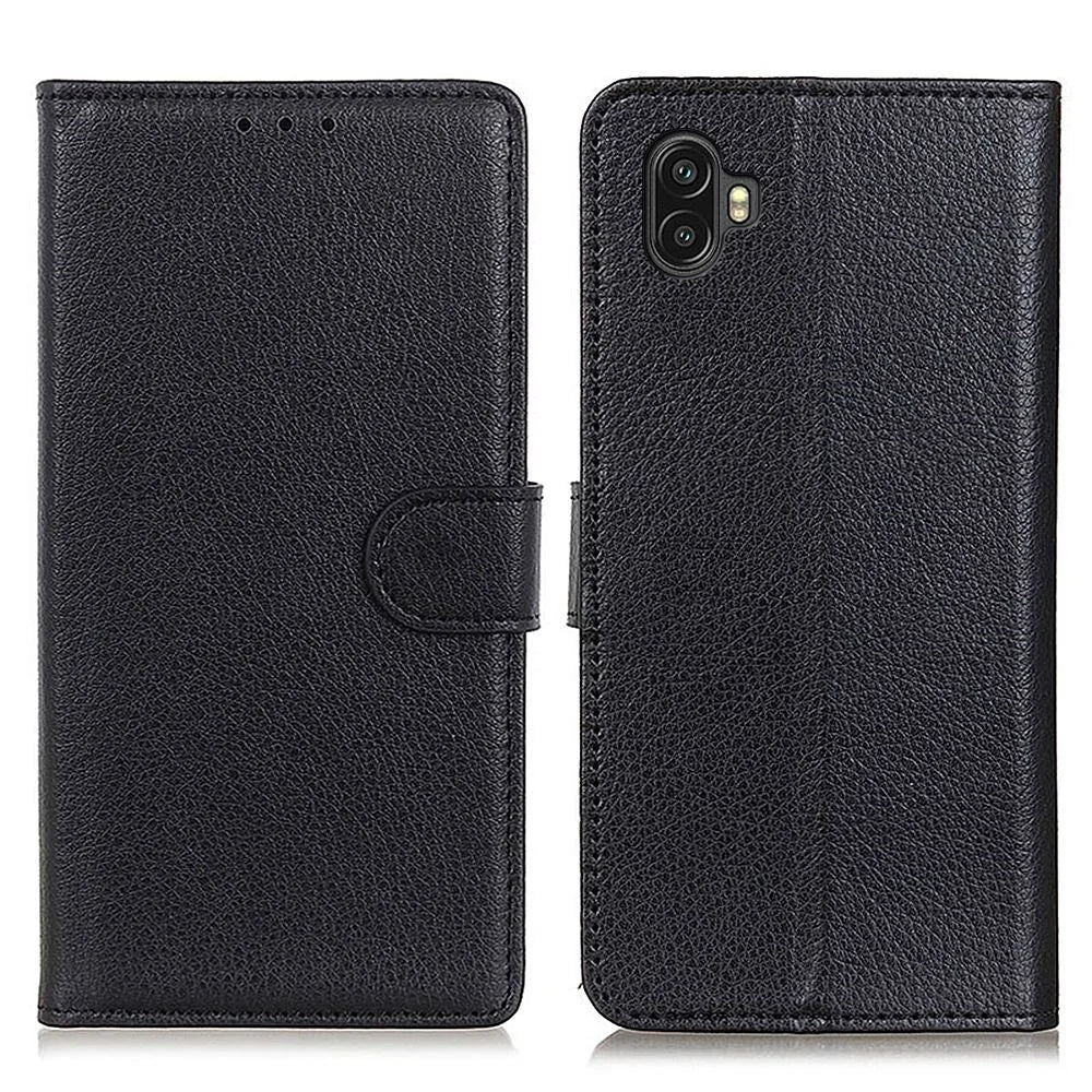 For Samsung Galaxy Xcover 6 Pro Litchi Texture PU Leather Wallet Case Drop-proof Phone Cover with Foldable Stand - Black - 1