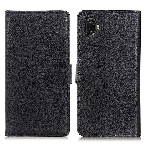 For Samsung Galaxy Xcover 6 Pro Litchi Texture PU Leather Wallet Case Drop-proof Phone Cover with Foldable Stand - Black - 1