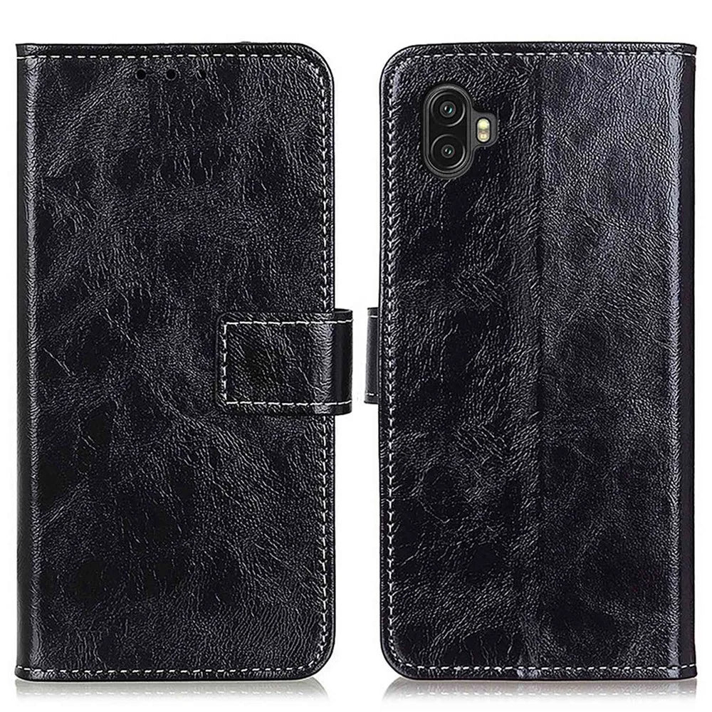 Phone Flip Leather Case for Samsung Galaxy Xcover 6 Pro Crazy Horse Texture Full Covering Phone Case Wallet Stand - Black - 1