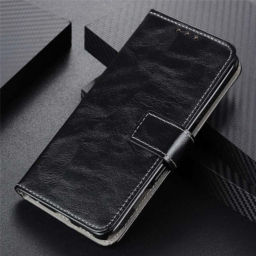 Phone Flip Leather Case for Samsung Galaxy Xcover 6 Pro Crazy Horse Texture Full Covering Phone Case Wallet Stand - Black - 6