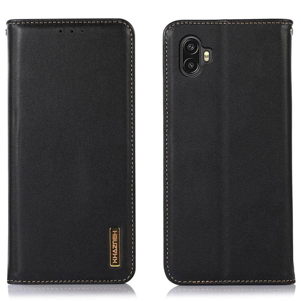 KHAZNEH For Samsung Galaxy Xcover 6 Pro Nappa Texture Genuine Cowhide Leather Wallet Phone Case Auto Closing Magnetic Stand Cover - Black - 1