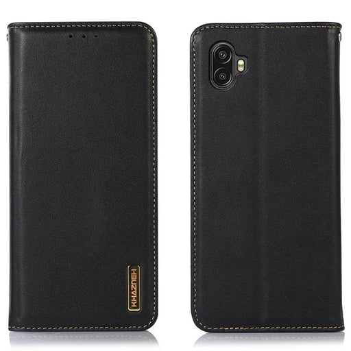 KHAZNEH For Samsung Galaxy Xcover 6 Pro Nappa Texture Genuine Cowhide Leather Wallet Phone Case Auto Closing Magnetic Stand Cover - Black - 1
