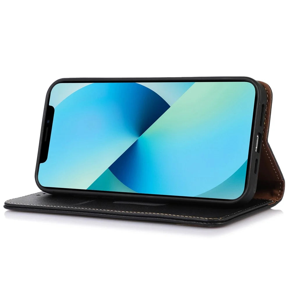 KHAZNEH For Samsung Galaxy Xcover 6 Pro Nappa Texture Genuine Cowhide Leather Wallet Phone Case Auto Closing Magnetic Stand Cover - Black - 3