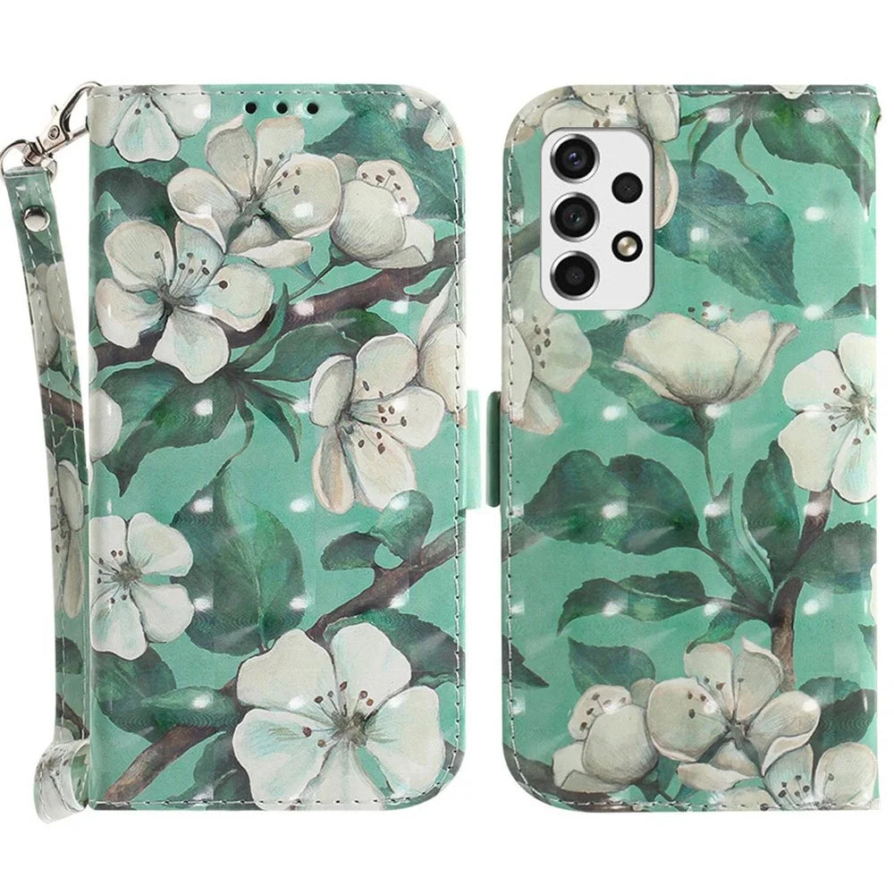 For Samsung Galaxy A53 5G PU Leather Wallet Style Flip Case Magnetic Closure 3D Pattern Printing Stand Cover with Wrist Strap - Watercolor Flowers - 1