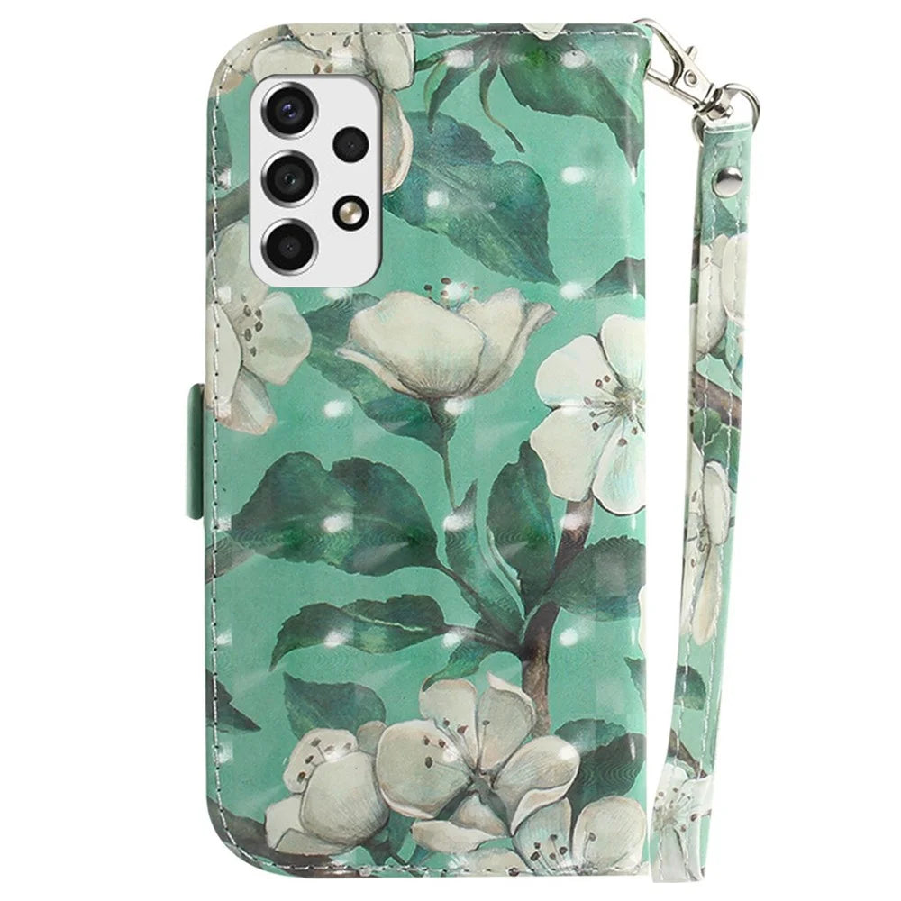 For Samsung Galaxy A53 5G PU Leather Wallet Style Flip Case Magnetic Closure 3D Pattern Printing Stand Cover with Wrist Strap - Watercolor Flowers - 7
