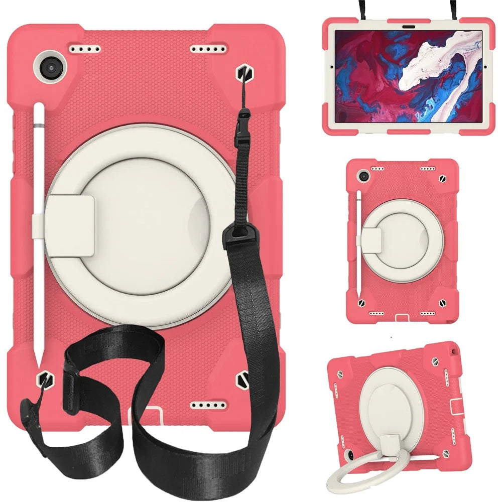 Drop-proof PC + Silicone Case for Samsung Galaxy Tab A8 10.5 (2021) / (2022) , Kickstand Protective Tablet Cover with Shoulder Strap - Begonia Red - 1