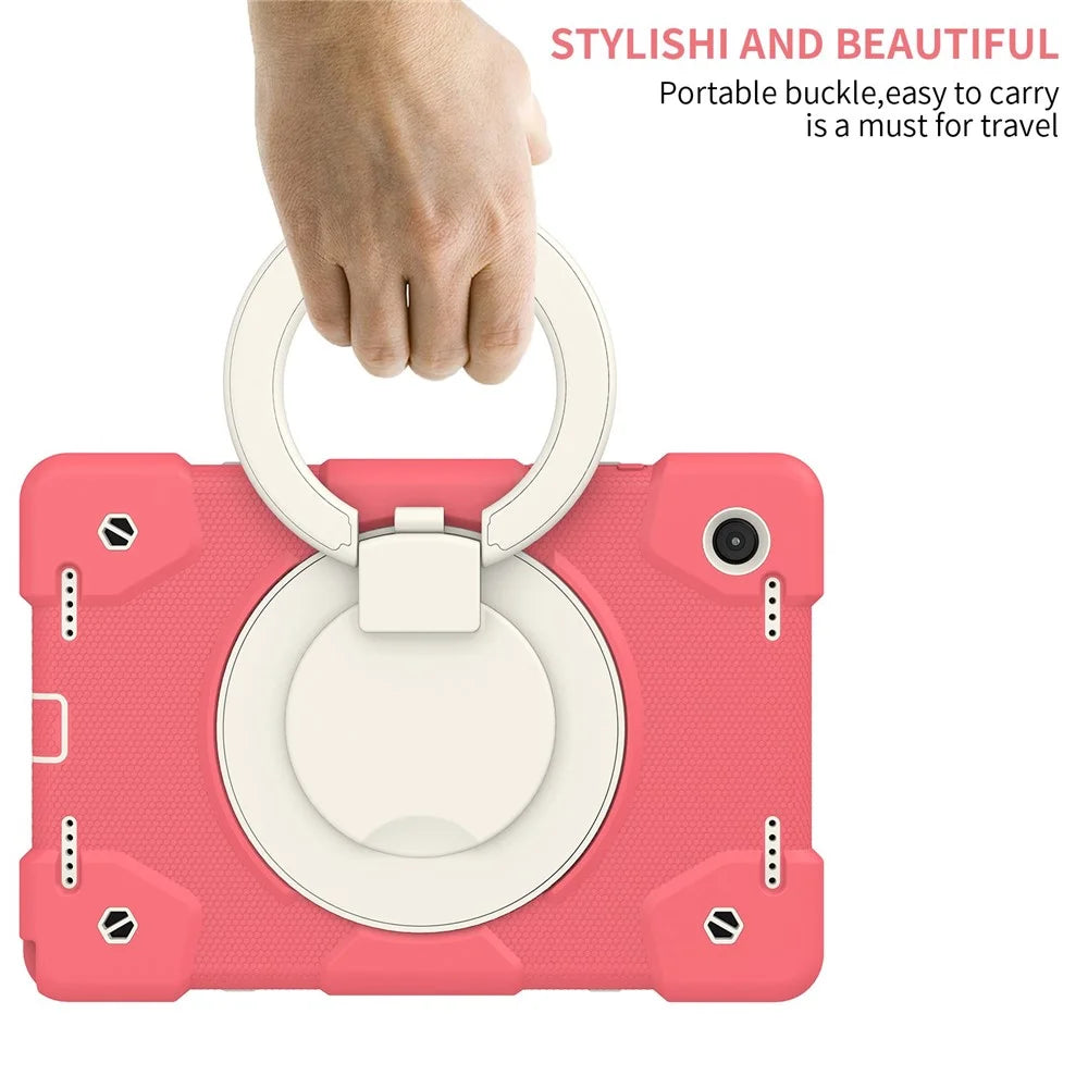 Drop-proof PC + Silicone Case for Samsung Galaxy Tab A8 10.5 (2021) / (2022) , Kickstand Protective Tablet Cover with Shoulder Strap - Begonia Red - 6