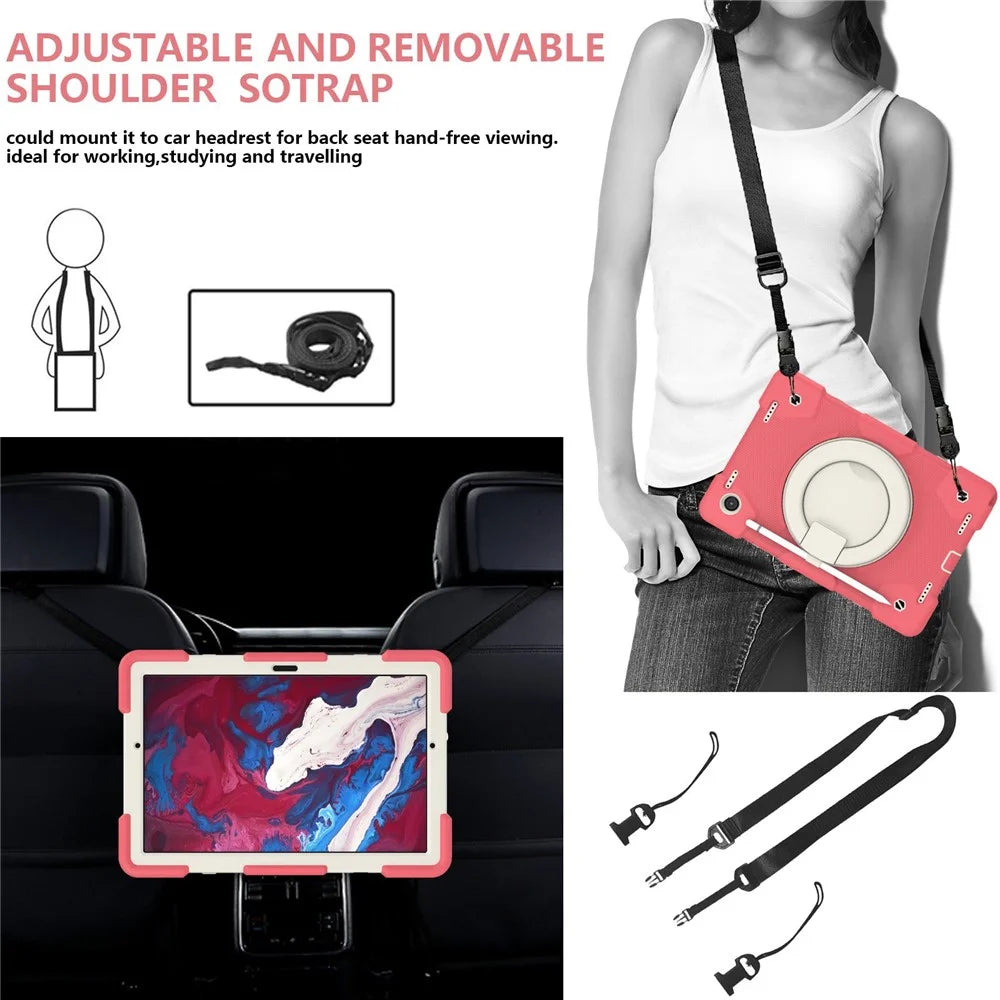 Drop-proof PC + Silicone Case for Samsung Galaxy Tab A8 10.5 (2021) / (2022) , Kickstand Protective Tablet Cover with Shoulder Strap - Begonia Red - 7