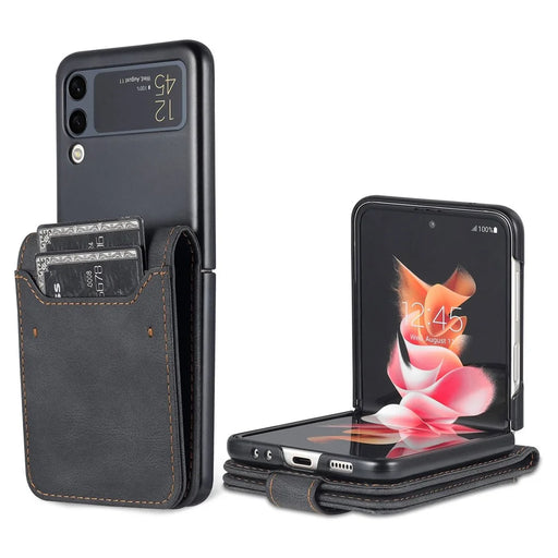 AZNS For Samsung Galaxy Z Flip4 5G PU Leather Flipping Case Card Slots Magnetic Closure Cover - Black - 1