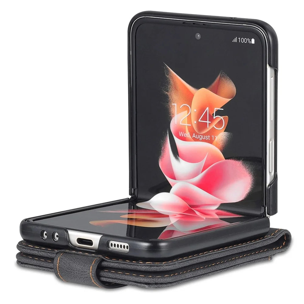 AZNS For Samsung Galaxy Z Flip4 5G PU Leather Flipping Case Card Slots Magnetic Closure Cover - Black - 3