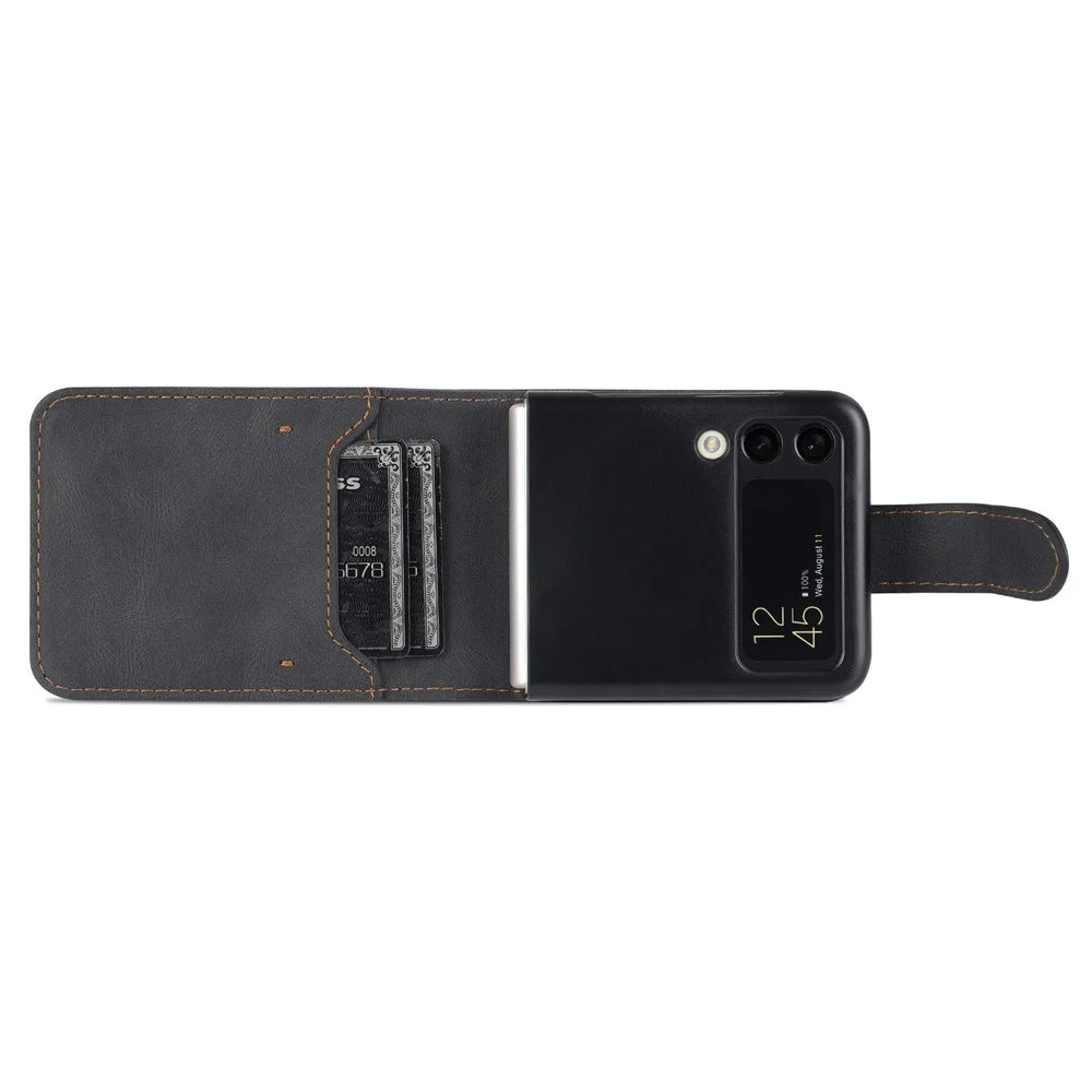 AZNS For Samsung Galaxy Z Flip4 5G PU Leather Flipping Case Card Slots Magnetic Closure Cover - Black - 5