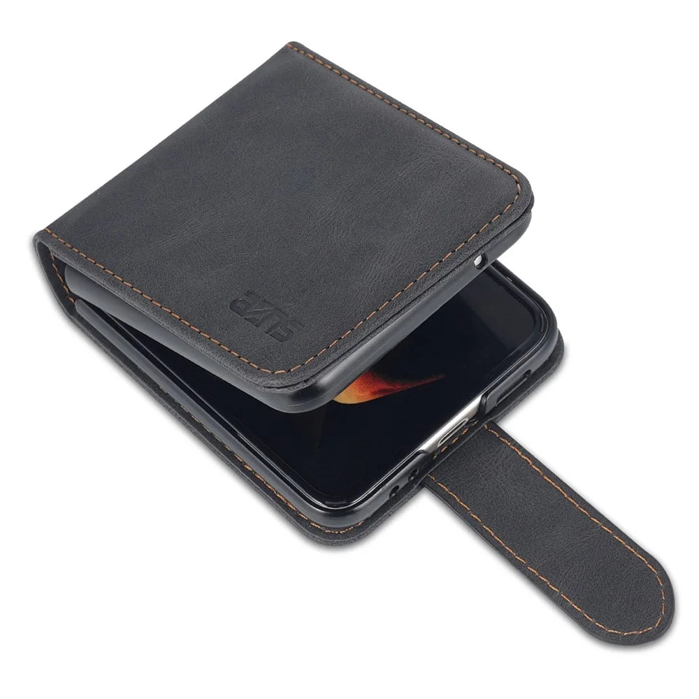 AZNS For Samsung Galaxy Z Flip4 5G PU Leather Flipping Case Card Slots Magnetic Closure Cover - Black - 6