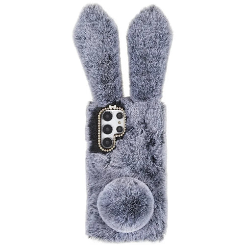 For Samsung Galaxy S22 Ultra 5G Cute 3D Bunny Ears Furry Winter Warm Case Soft TPU Protective Phone Cover with Glitter Rhinestone Bowknot - Dark Grey - 1
