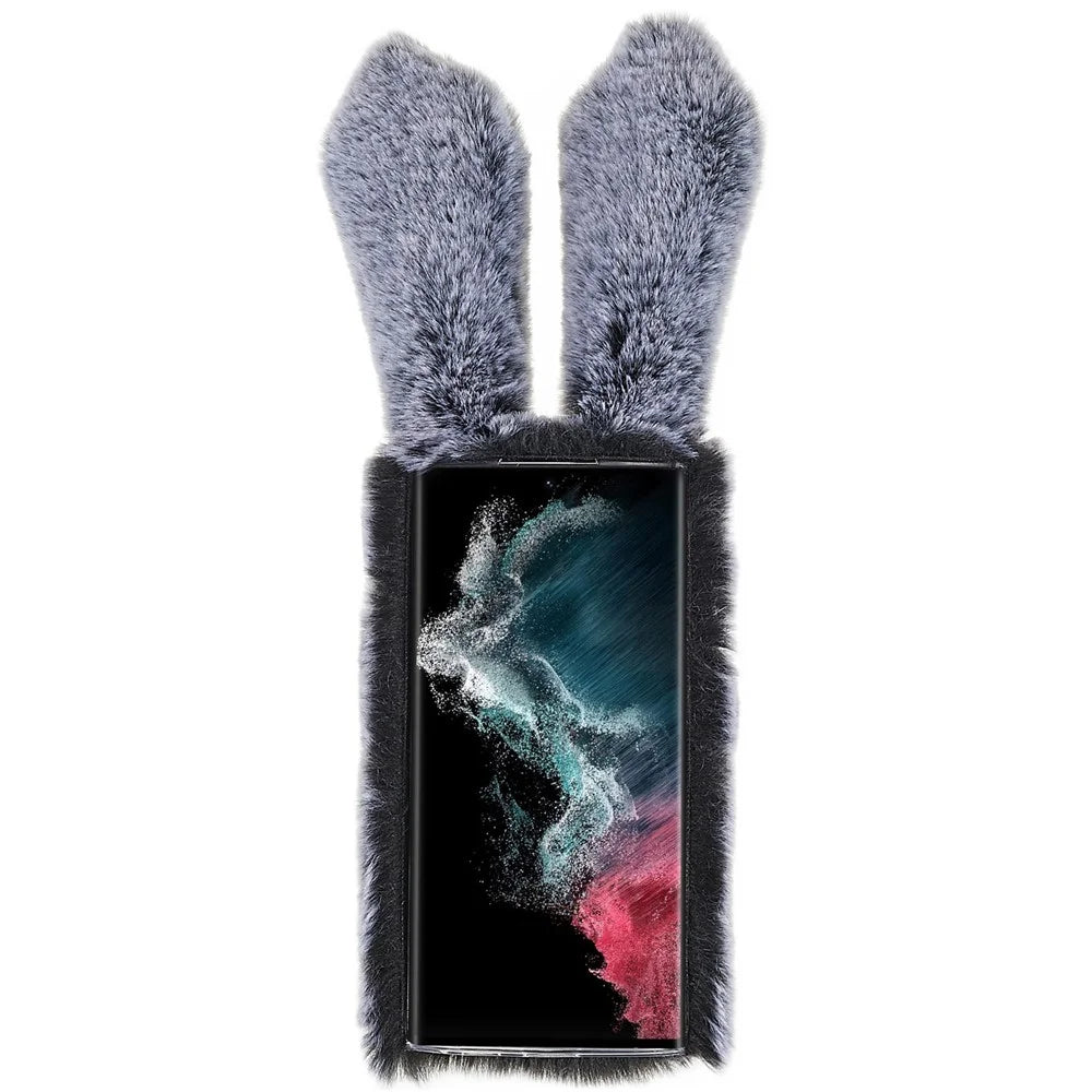 For Samsung Galaxy S22 Ultra 5G Cute 3D Bunny Ears Furry Winter Warm Case Soft TPU Protective Phone Cover with Glitter Rhinestone Bowknot - Dark Grey - 2