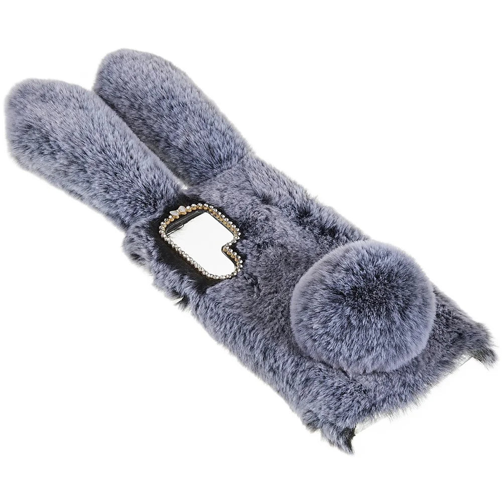 For Samsung Galaxy S22 Ultra 5G Cute 3D Bunny Ears Furry Winter Warm Case Soft TPU Protective Phone Cover with Glitter Rhinestone Bowknot - Dark Grey - 3