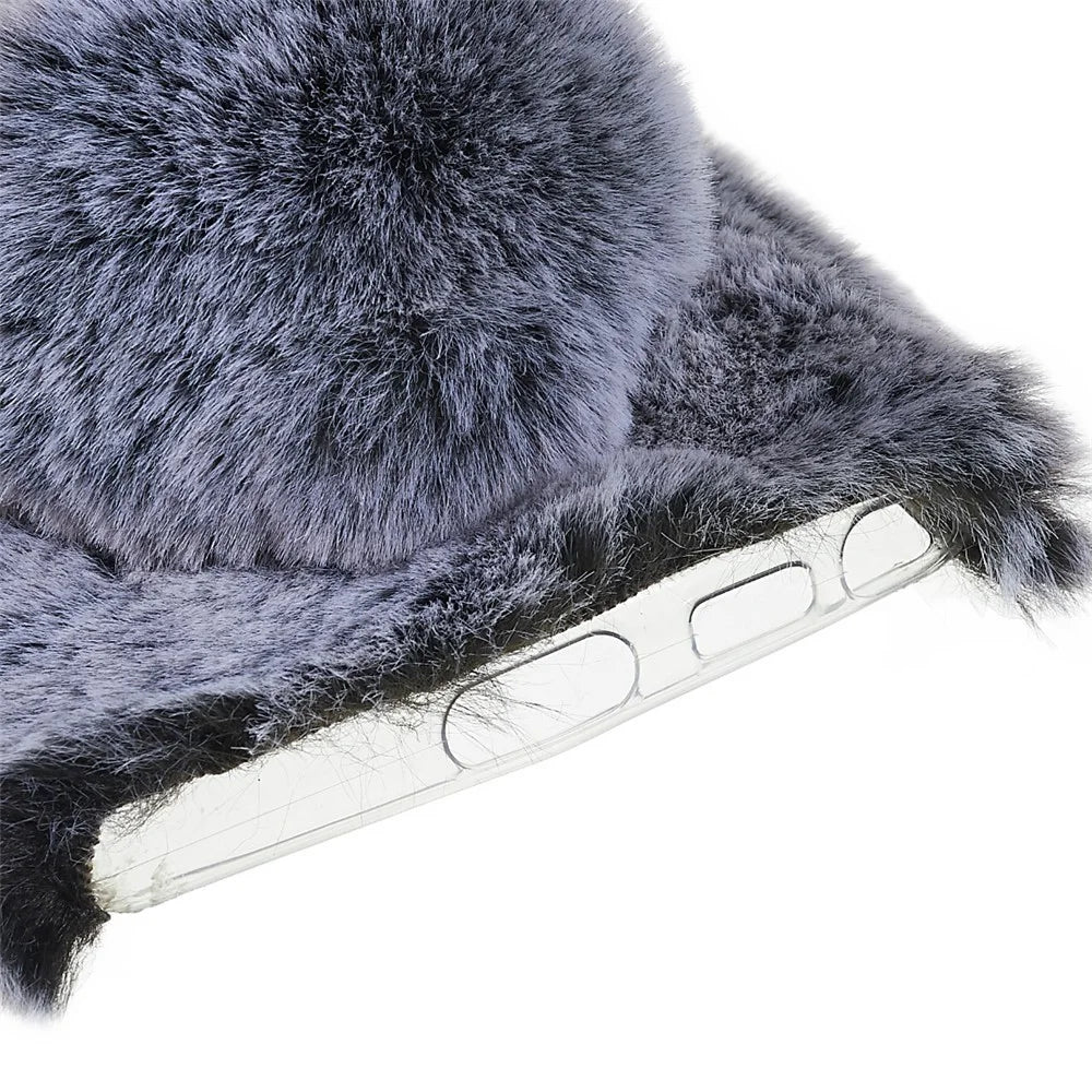 For Samsung Galaxy S22 Ultra 5G Cute 3D Bunny Ears Furry Winter Warm Case Soft TPU Protective Phone Cover with Glitter Rhinestone Bowknot - Dark Grey - 4