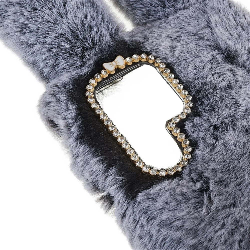 For Samsung Galaxy S22 Ultra 5G Cute 3D Bunny Ears Furry Winter Warm Case Soft TPU Protective Phone Cover with Glitter Rhinestone Bowknot - Dark Grey - 5