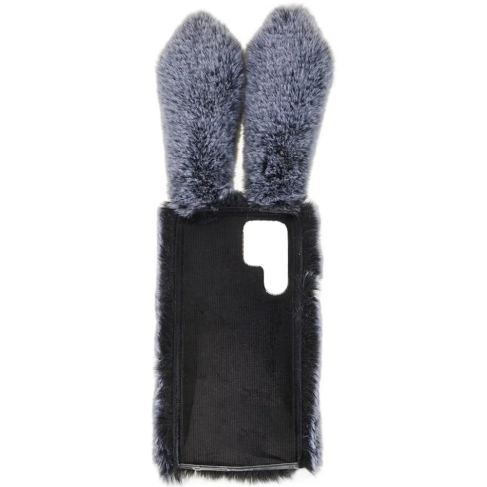 For Samsung Galaxy S22 Ultra 5G Cute 3D Bunny Ears Furry Winter Warm Case Soft TPU Protective Phone Cover with Glitter Rhinestone Bowknot - Dark Grey - 6