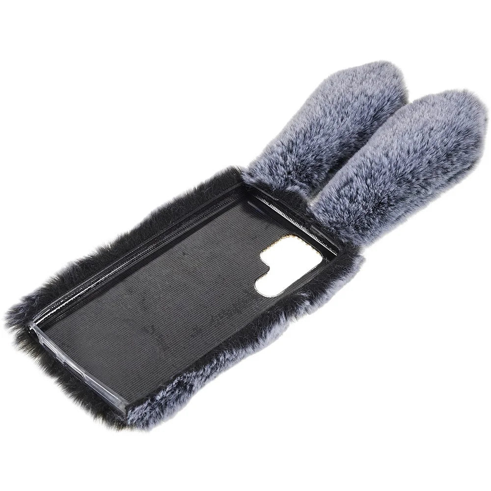 For Samsung Galaxy S22 Ultra 5G Cute 3D Bunny Ears Furry Winter Warm Case Soft TPU Protective Phone Cover with Glitter Rhinestone Bowknot - Dark Grey - 7