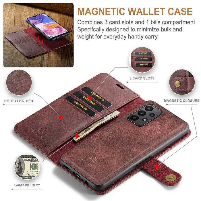 DG.MING for Samsung Galaxy A23 5G (Global Version) / 4G Split Leather Stand Folio Cover Magnetic Closure Detachable 2-in-1 Flip Wallet Case - Red - 6