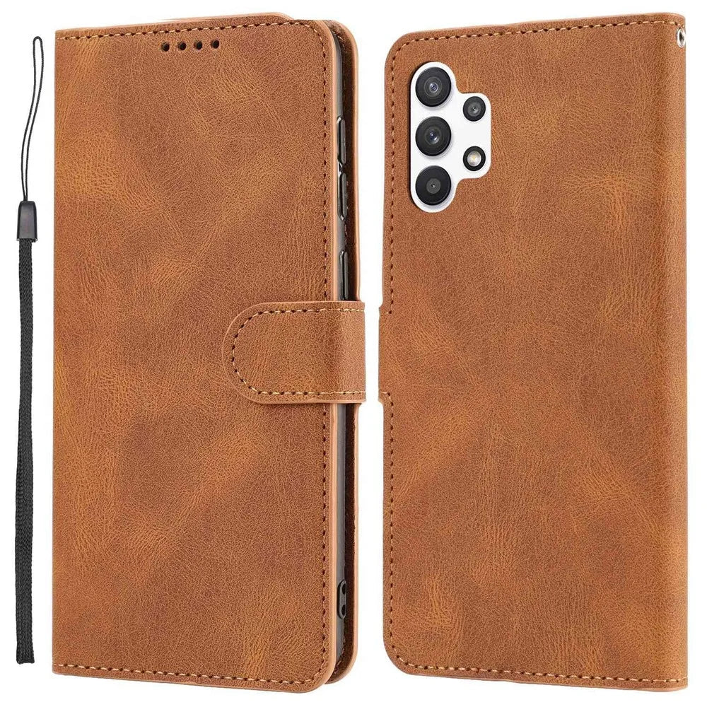 For Samsung Galaxy A13 4G / 5G / A04s 4G (164.7mm) PU Leather Wallet Case Stand Cover with Wrist Strap - Brown - 1