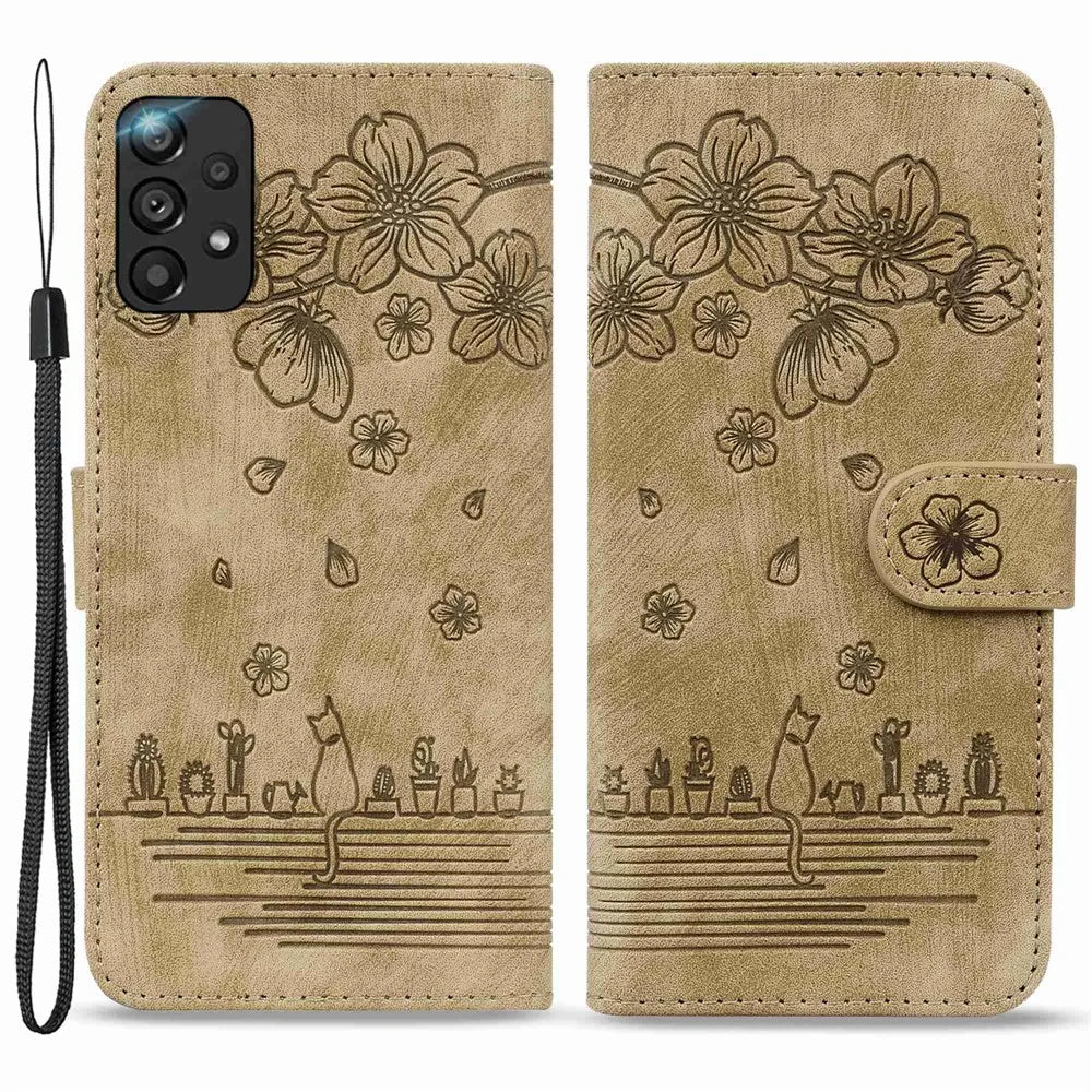 For Samsung Galaxy A33 5G Anti-fall Full Covering Phone Wallet Case Cherry Blossom Cat Imprinted PU Leather Stand Flip Cover with Strap - Brown - 1