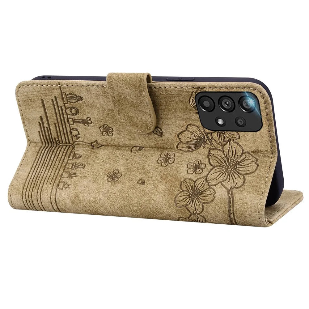 For Samsung Galaxy A33 5G Anti-fall Full Covering Phone Wallet Case Cherry Blossom Cat Imprinted PU Leather Stand Flip Cover with Strap - Brown - 4