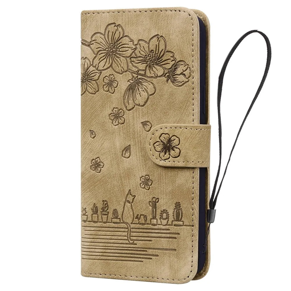 For Samsung Galaxy A33 5G Anti-fall Full Covering Phone Wallet Case Cherry Blossom Cat Imprinted PU Leather Stand Flip Cover with Strap - Brown - 5