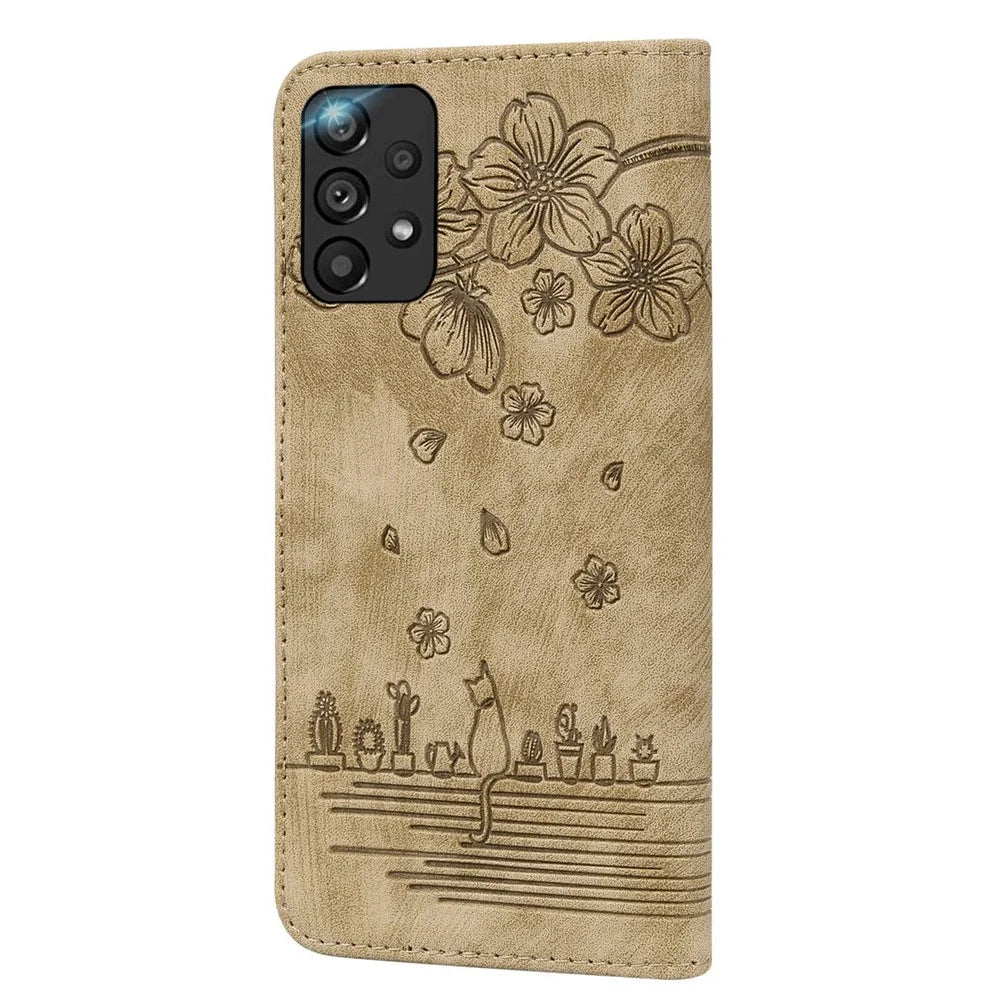 For Samsung Galaxy A33 5G Anti-fall Full Covering Phone Wallet Case Cherry Blossom Cat Imprinted PU Leather Stand Flip Cover with Strap - Brown - 6