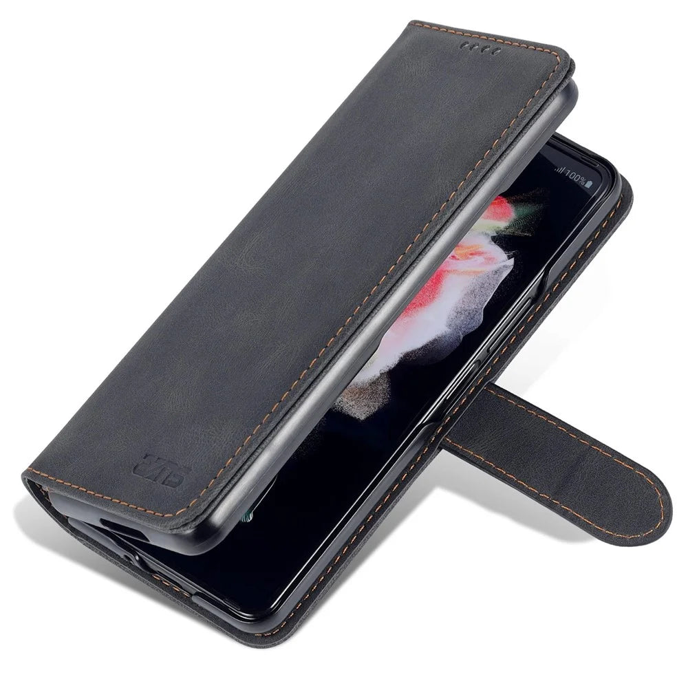 AZNS For Samsung Galaxy Z Fold4 5G PU Leather Wallet Case Magnetic Closure Stand Flip Protective Phone Cover - Black - 5