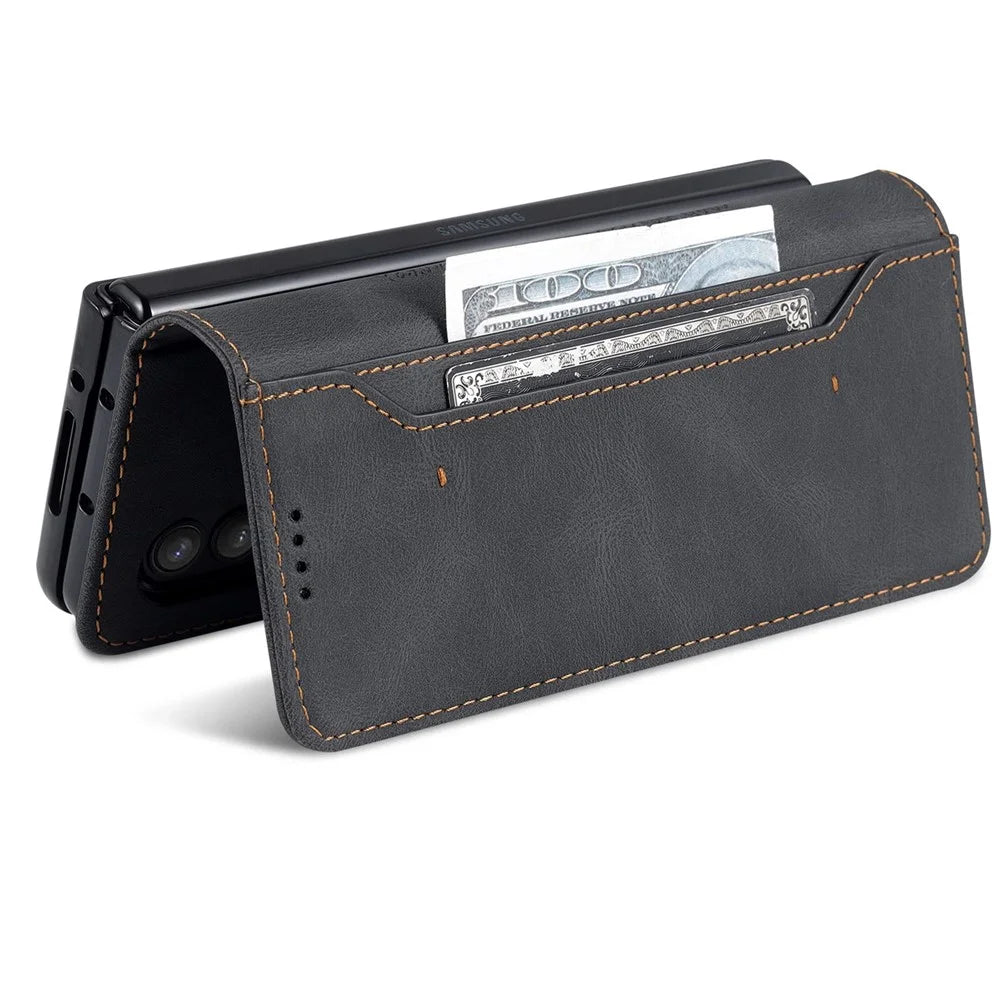 AZNS For Samsung Galaxy Z Fold4 5G PU Leather Wallet Case Magnetic Closure Stand Flip Protective Phone Cover - Black - 6
