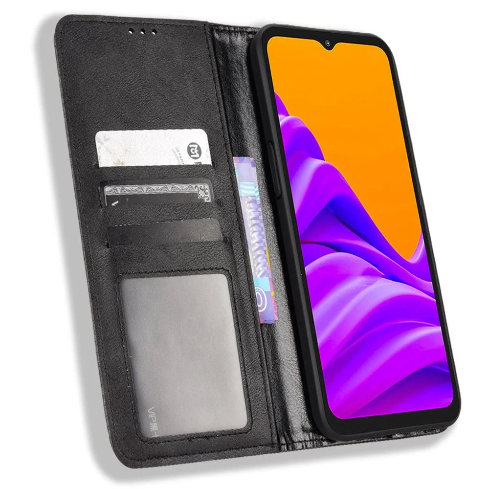 For Samsung Galaxy Xcover6 Pro 5G PU Leather Anti-scratch Phone Case Retro Texture Stand Wallet Feature Protective Cover - Black - 2