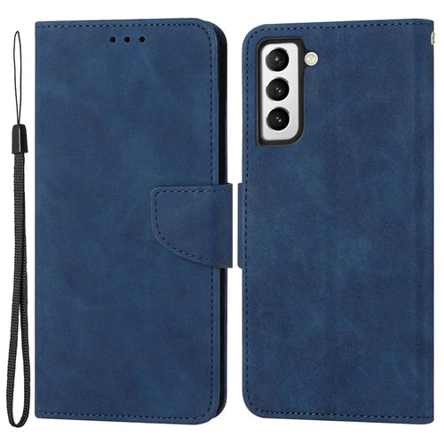 For Samsung Galaxy S22+ 5G Solid Color Drop-proof Phone Case Full Coverage PU Leather Wallet Stand Cover - Blue - 1