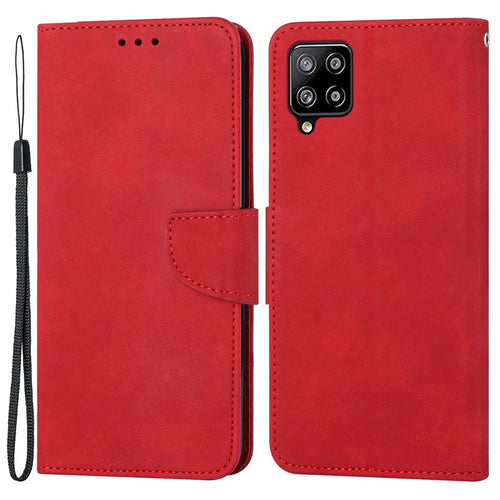 For Samsung Galaxy A22 4G (EU Version) Solid Color PU Leather Shockproof Phone Case with Wallet Stand - Red - 1