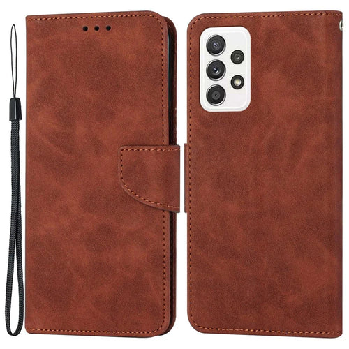 For Samsung Galaxy A53 5G Drop-proof Solid Color Calf Textured Magnetic Clasp PU Leather Case Wallet Stand Anti-scratch Phone Cover - Brown - 1